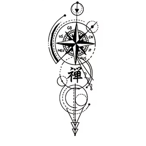 Zen Compass Geometric Semi-Permanent Tattoo – 4.33 × 7.08 Inches | Tats4u