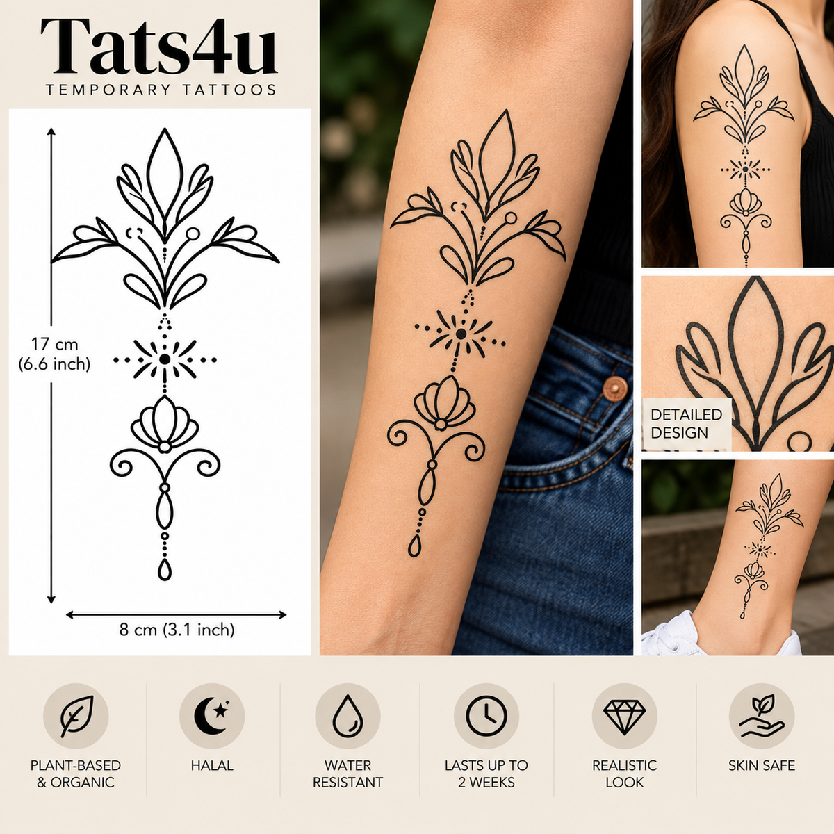 Ornamental Floral Mandala Semi-Permanent Tattoo (6.6 × 3.1 Inches) – Elegant Symmetrical Design | Tats4u