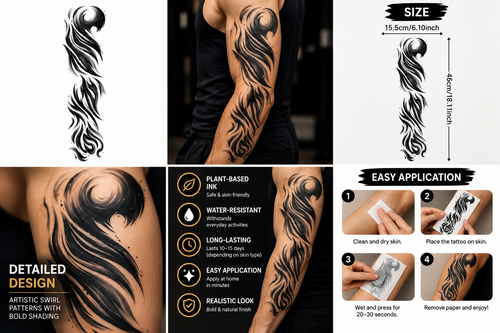 Abstract Flame Semi-Permanent Tattoo – Black & Grey Tribal Smoke Full Sleeve Design, Artistic Swirl Body Art, Water-Resistant, Long-Lasting (18.11 × 6.10 Inches) | Tats4u