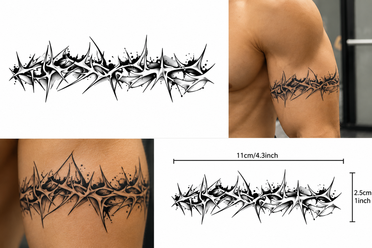Celtic Barbed Wire Semi-Permanent Tattoo – Black Tribal Braided Armband Design, Water-Resistant, Long-Lasting (18.8 × 2.2 Inches) | Tats4u
