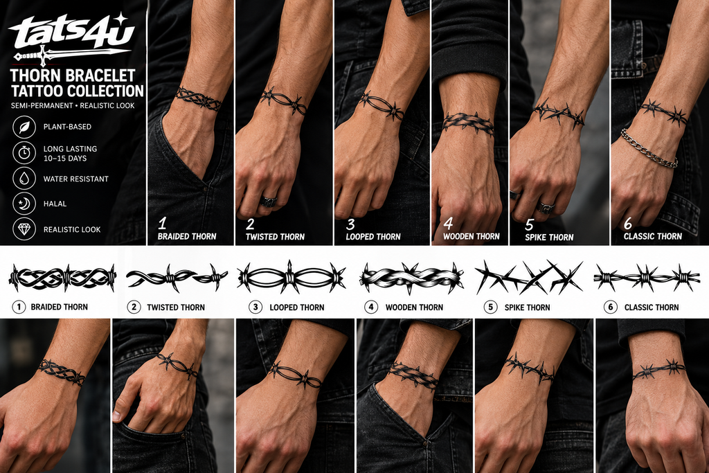 Black Thorn Barbed Wire Semi-Permanent Tattoo – Gothic Tribal Design | 6 Designs | Tats4u