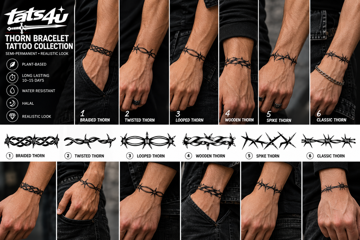Black Thorn Barbed Wire Semi-Permanent Tattoo – Gothic Tribal Design | 6 Designs | Tats4u