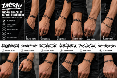 Black Thorn Barbed Wire Semi-Permanent Tattoo – Gothic Tribal Design | 6 Designs | Tats4u