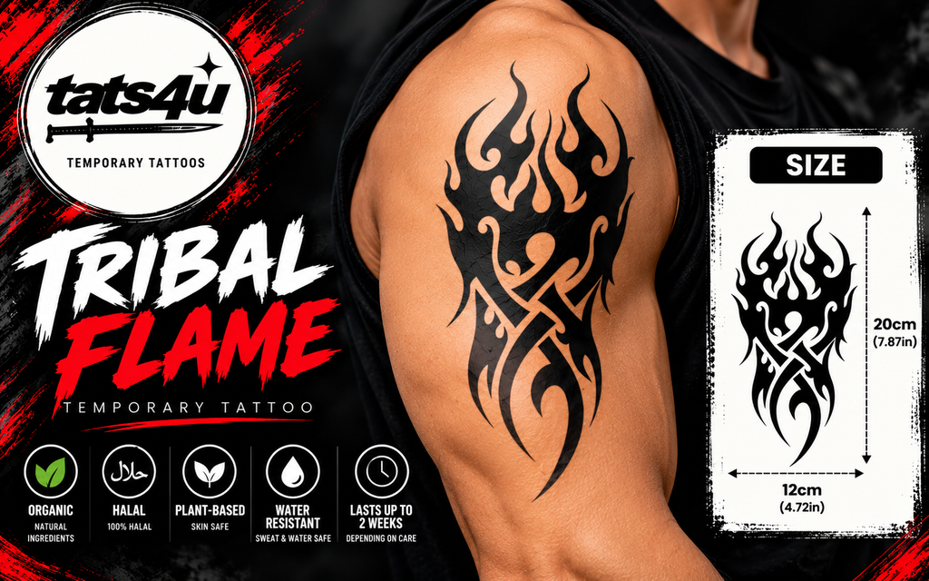Tribal Flame Semi-Permanent Tattoo – 7.87 × 4.72 Inch | Tats4u