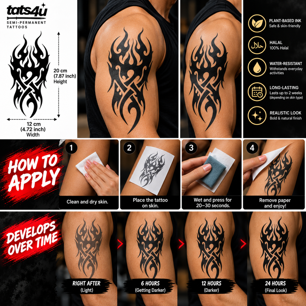 Tribal Flame Semi-Permanent Tattoo – 7.87 × 4.72 Inch | Tats4u