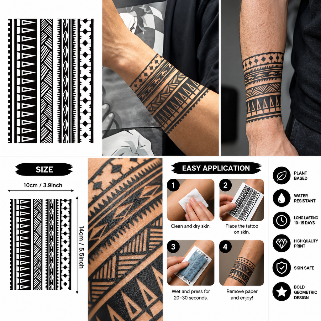 Tribal Geometric Temporary Tattoo – Black Polynesian-Inspired Pattern ...