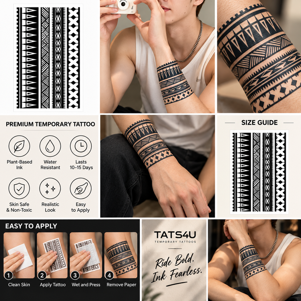 Tribal Geometric Semi-Permanent Tattoo – Black Polynesian-Inspired Pattern, Water-Resistant, Long-Lasting (7 × 4.3 Inches) | Tats4u