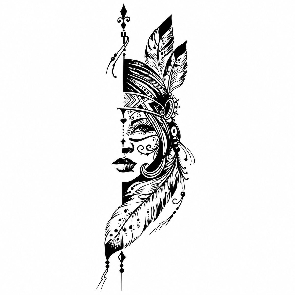 Tribal Warrior Woman with Feather Headdress Semi-Permanent Tattoo | 7.09 × 3.15 Inches | Tats4u