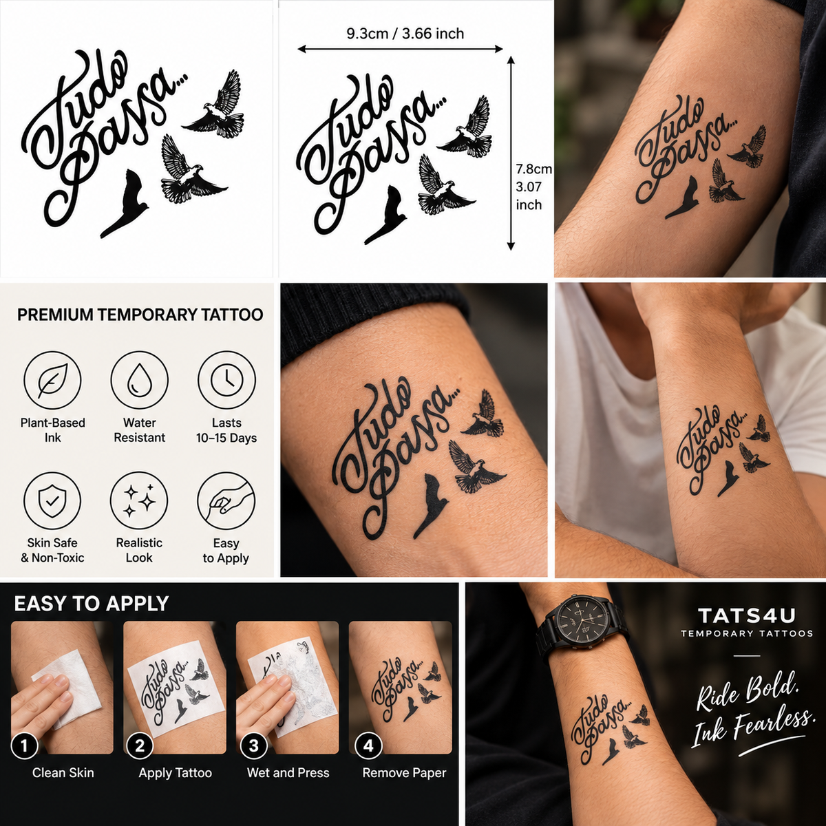 Tudo Passa Semi-Permanent Tattoo – Portuguese Script with Flying Birds, Inspirational Neck Tattoo Design, Water-Resistant, Long-Lasting (3.66 × 3.07 Inches) | Tats4u
