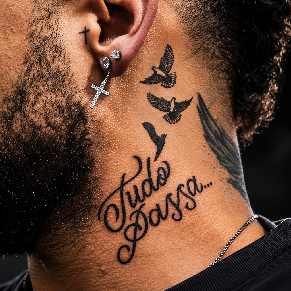 Tudo Passa Semi-Permanent Tattoo – Portuguese Script with Flying Birds, Inspirational Neck Tattoo Design, Water-Resistant, Long-Lasting (3.66 × 3.07 Inches) | Tats4u