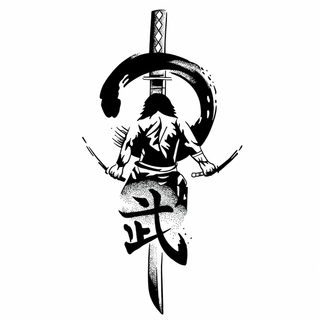 Samurai Warrior Double Swords Semi-Permanent Tattoo – 8 × 3 Inch | Tats4u