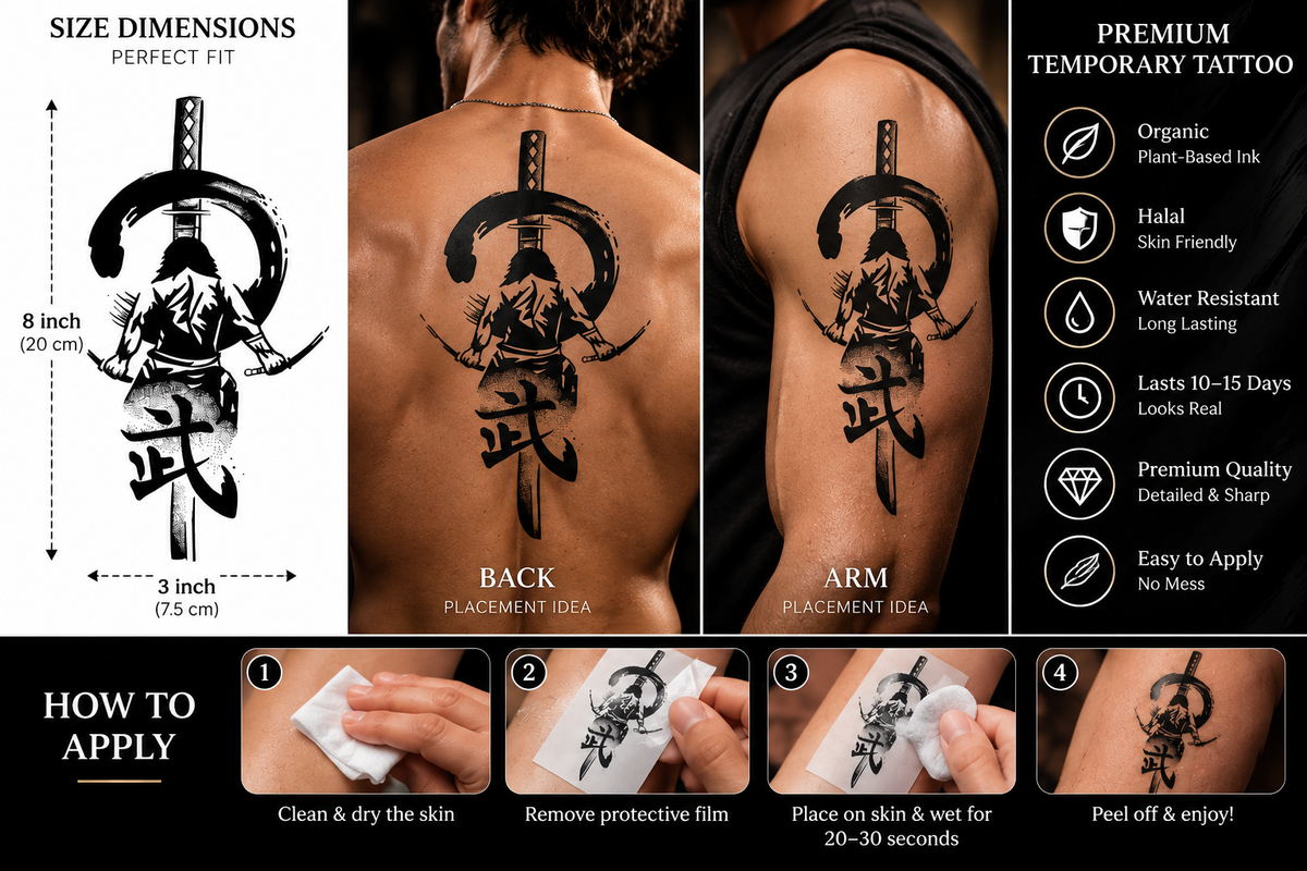 Samurai Warrior Double Swords Temporary Tattoo – 8 × 3 Inch | Tats4u