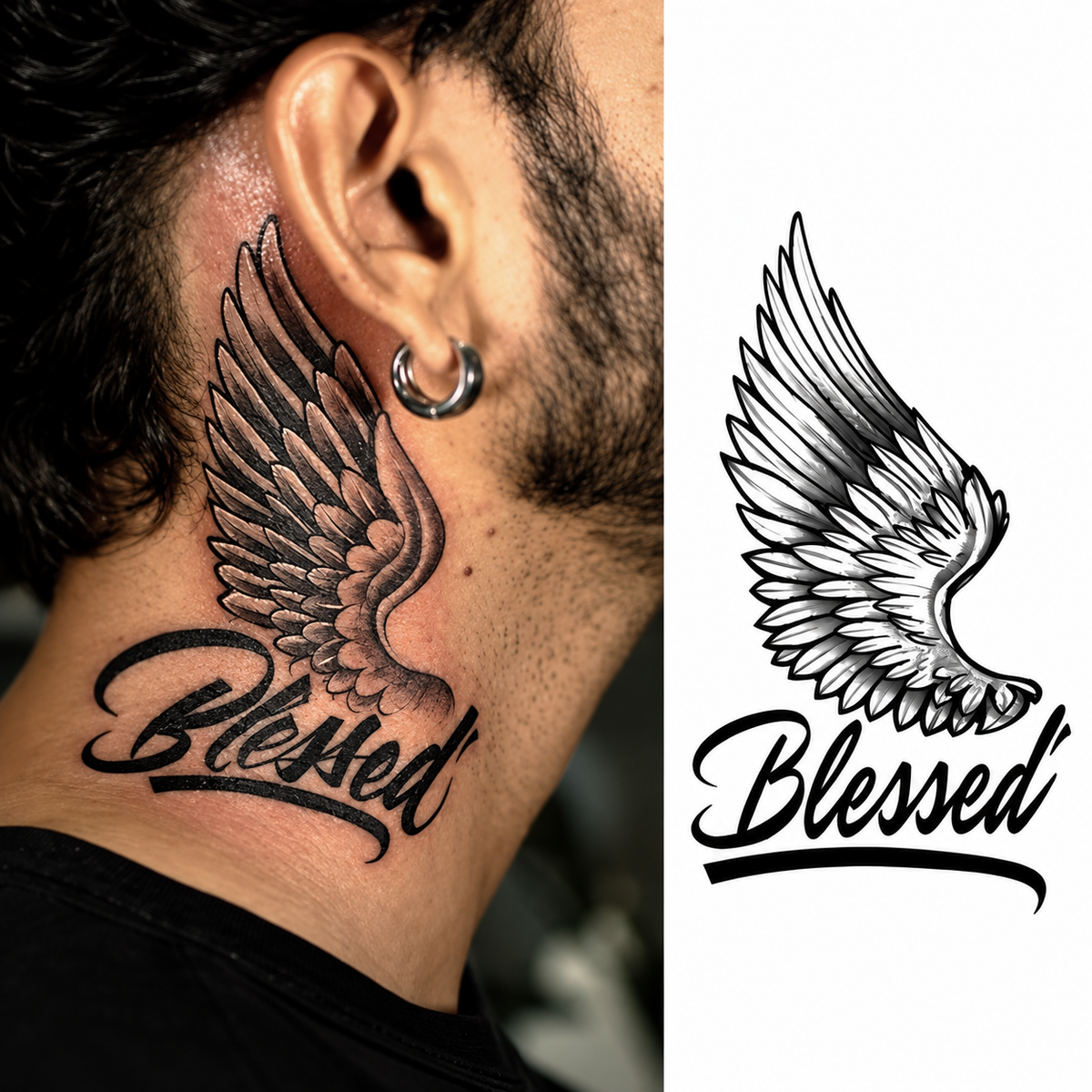 Blessed Angel Wing Semi-Permanent Tattoo – Inspirational Script Design, Black & Grey Feather Art, Water-Resistant, Long-Lasting (3.54 × 2.75 Inches) | Tats4u